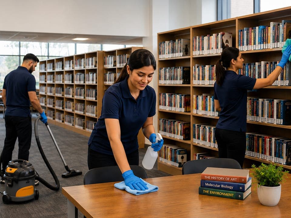A three-person crew vacuuming, wiping tables and dusting shelves in a library