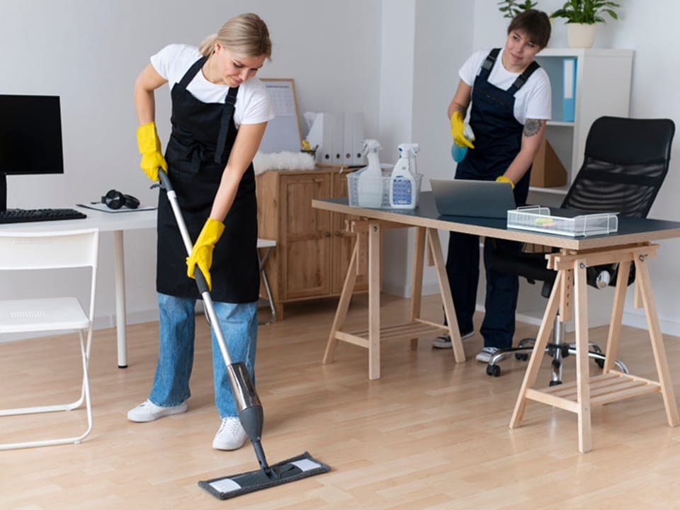 Two cleaners mopping the floor and wiping desks in an office